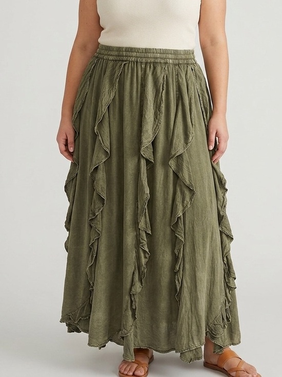 EARTHBOUND Dresses & Skirts - Earthbound Olive Summer Boho Full Length Ruffle Maxi Skirt Size Large